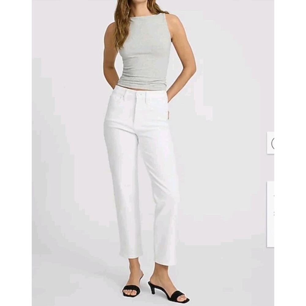 New Express Womens Jeans 14 STRAIGHT CROP HIGH RISE White Raw Hems Stretch
